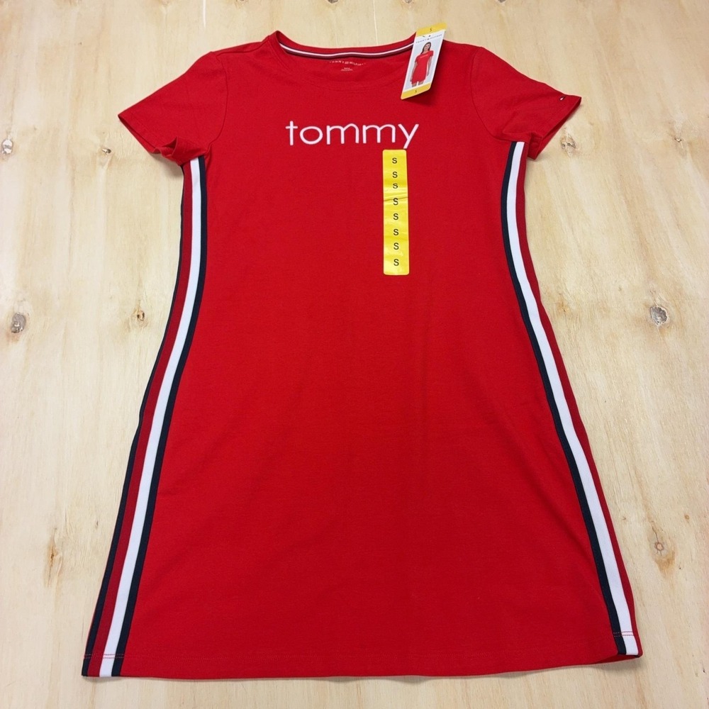 Tommy Hilfiger Dress Womens Small Red Logo T-Shirt Side Stripe Knit Casual